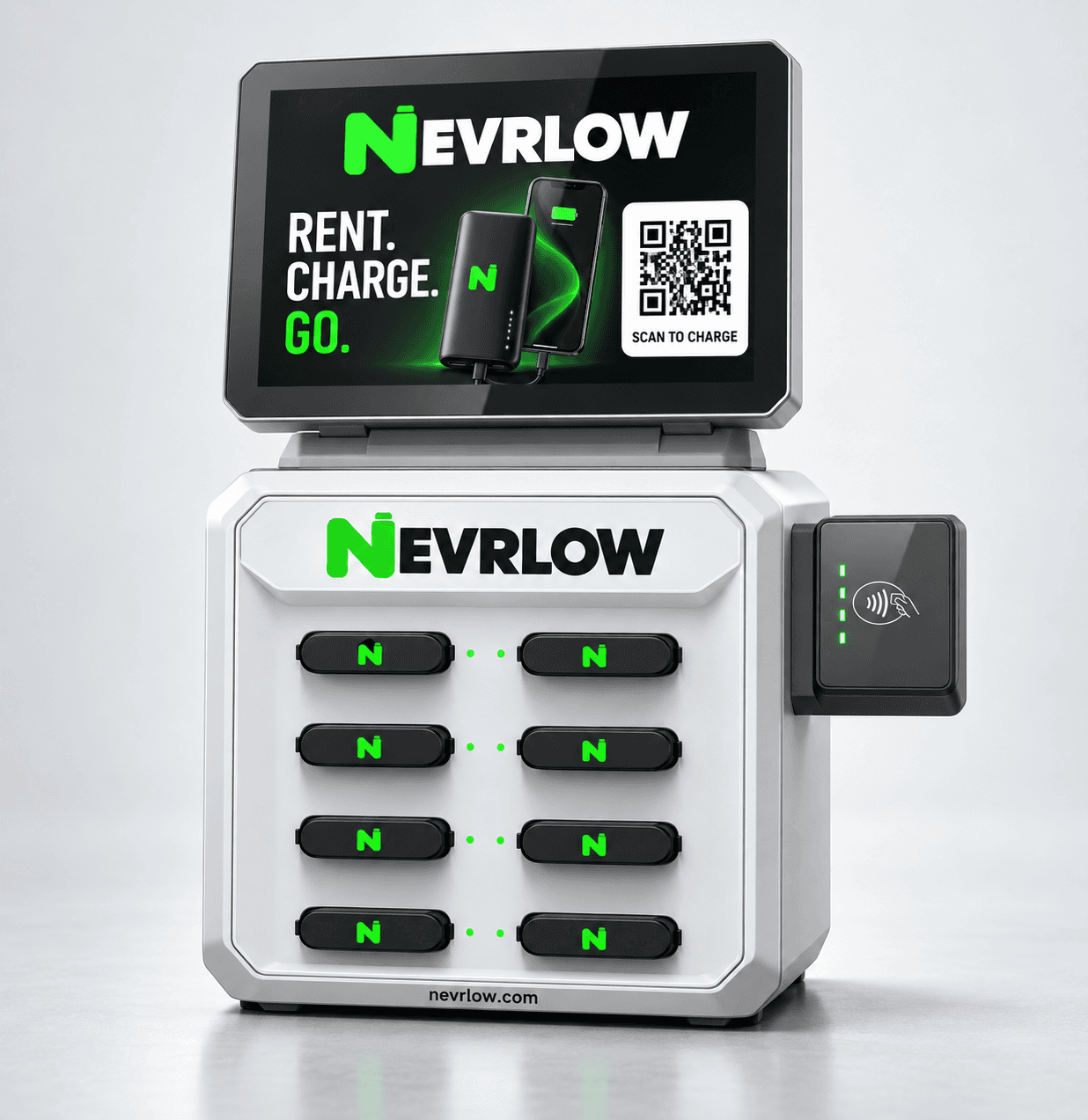 Nevrlow charging station with a display screen and eight removable power banks
