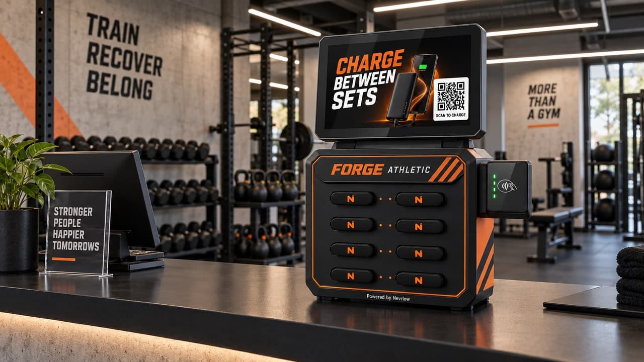 Concept image: a gym front desk with a matte black Nevrlow station with orange accents and the fictional Forge Athletic name